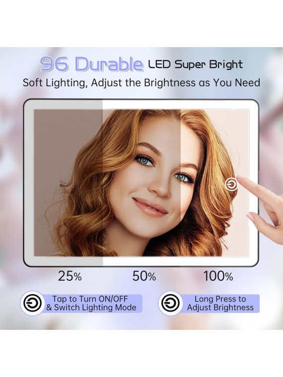 Rechargeable Makeup Vanity Mirror with Lights, Large Lighted Desk Makeup Mirror with 96 LED Lights and 10x magnifying Mirror, 3 Color Lighting, Make up Light Mirror with Phone Holder