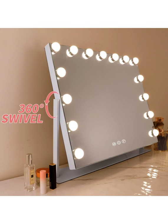 Vanity Mirror with Lights, White Hollywood Lighted Makeup Mirror with 15 Dimmable LED Bulbs Rotation for Dressing Room & Bedroom, Living Room