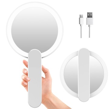 Handheld Mirror with Lights, 1X 10X Double Sided Magnifying Mirror with Swivel Handle, Perfect for Travel, Compact, Pocket, Purse, Folding, with USB Charging