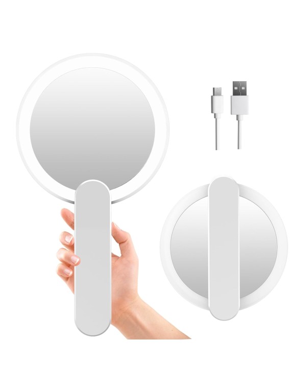 Handheld Mirror with Lights, 1X 10X Double Sided Magnifying Mirror with Swivel Handle, Perfect for Travel, Compact, Pocket, Purse, Folding, with USB Charging