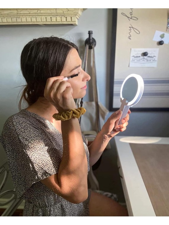 Handheld Mirror with Lights, 1X 10X Double Sided Magnifying Mirror with Swivel Handle, Perfect for Travel, Compact, Pocket, Purse, Folding, with USB Charging