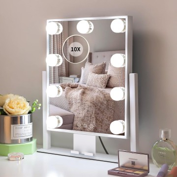 Makeup Mirror with Lights,Light up Vanity Mirror with 3 Color Lighting Modes,Desk Mirror, Detachable 10X Magnification Mirror, Touch Control,360 Rotation,Metal,White