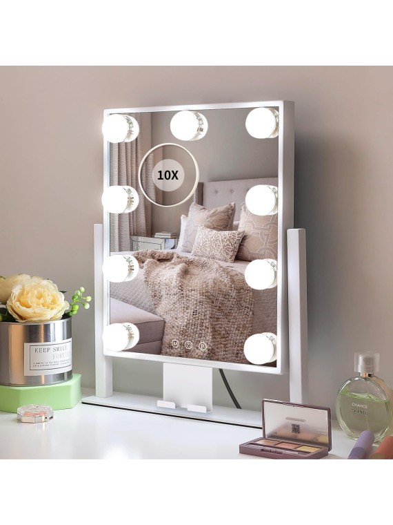 Makeup Mirror with Lights,Light up Vanity Mirror with 3 Color Lighting Modes,Desk Mirror, Detachable 10X Magnification Mirror, Touch Control,360 Rotation,Metal,White