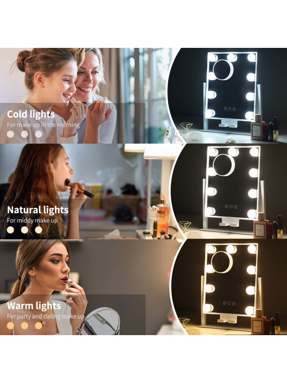 Makeup Mirror with Lights,Light up Vanity Mirror with 3 Color Lighting Modes,Desk Mirror, Detachable 10X Magnification Mirror, Touch Control,360 Rotation,Metal,White