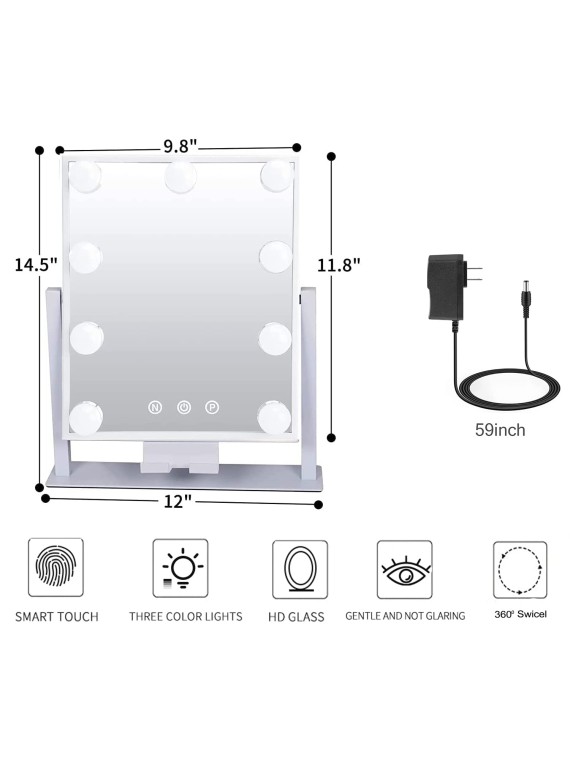 Makeup Mirror with Lights,Light up Vanity Mirror with 3 Color Lighting Modes,Desk Mirror, Detachable 10X Magnification Mirror, Touch Control,360 Rotation,Metal,White