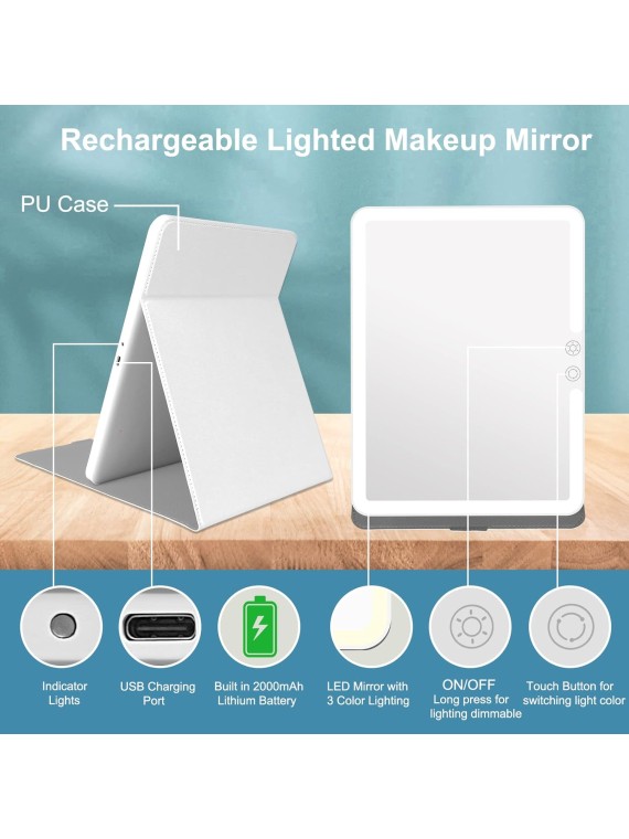 Folding Compact Lighted Makeup Mirror with 3 Colors Light,Rechargable 2000mA Batteries Mirror with Dimming,Lighted Mirror with PU Cover Leather