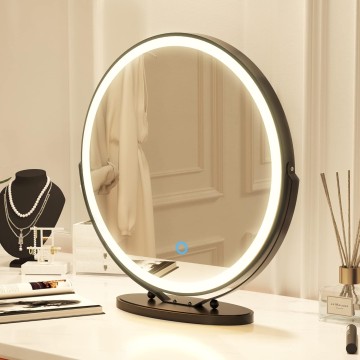 20 inch Vanity Mirror with Lights, Round LED Makeup Mirror, Large Makeup Mirror with Lights, High Definition Lighted Up Mirror for Bedroom, Touch Control 3 Color Dimmable, 360° Rotation, Black