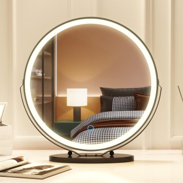 20 inch Vanity Mirror with Lights, Round LED Makeup Mirror, Large Makeup Mirror with Lights, High Definition Lighted Up Mirror for Bedroom, Touch Control 3 Color Dimmable, 360° Rotation, Black