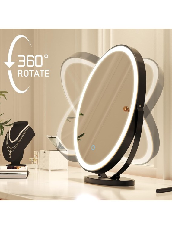 20 inch Vanity Mirror with Lights, Round LED Makeup Mirror, Large Makeup Mirror with Lights, High Definition Lighted Up Mirror for Bedroom, Touch Control 3 Color Dimmable, 360° Rotation, Black