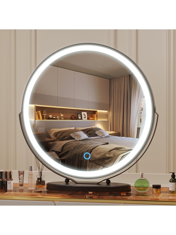 20 inch Vanity Mirror with Lights, Round LED Makeup Mirror, Large Makeup Mirror with Lights, High Definition Lighted Up Mirror for Bedroom, Touch Control 3 Color Dimmable, 360° Rotation, Black