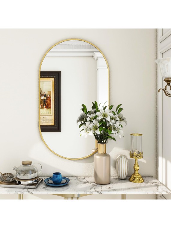 Wall Mounted Mirror, 22"x38" Oval Bathroom Mirror, Gold Vanity Wall Mirror w/Metal Frame for Vertical & Horizontal Hang, Ideal for Bedroom, Entryway, Living Room