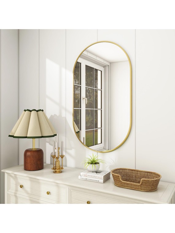 Wall Mounted Mirror, 22"x38" Oval Bathroom Mirror, Gold Vanity Wall Mirror w/Metal Frame for Vertical & Horizontal Hang, Ideal for Bedroom, Entryway, Living Room