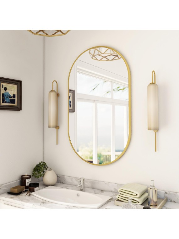 Wall Mounted Mirror, 22"x38" Oval Bathroom Mirror, Gold Vanity Wall Mirror w/Metal Frame for Vertical & Horizontal Hang, Ideal for Bedroom, Entryway, Living Room