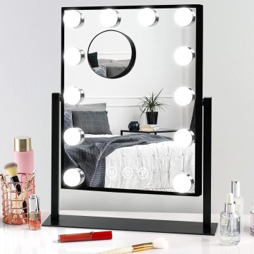 Lighted Makeup Vanity Mirror with Lights - Hollywood Desk LED Mirror with 12 Dimmable Bulbs for Bedroom Table, 3 Color Lighting Light Up Mirror, Detachable 10x Magnifying Mirror, Black