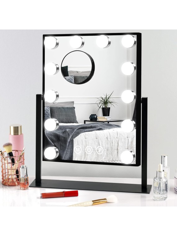 Lighted Makeup Vanity Mirror with Lights - Hollywood Desk LED Mirror with 12 Dimmable Bulbs for Bedroom Table, 3 Color Lighting Light Up Mirror, Detachable 10x Magnifying Mirror, Black