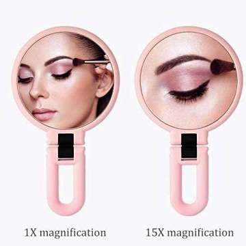 15X Magnifying Mirror, Hand Held Mirror, Double Sided Small Makeup Mirror with 1X 15X Magnification, Adjustable Handle/Stand Travel Mirror, Compact Magnified Mirror for Girl Woman Face Eyes Makeup
