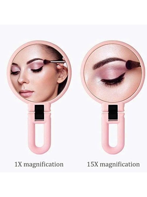 15X Magnifying Mirror, Hand Held Mirror, Double Sided Small Makeup Mirror with 1X 15X Magnification, Adjustable Handle/Stand Travel Mirror, Compact Magnified Mirror for Girl Woman Face Eyes Makeup