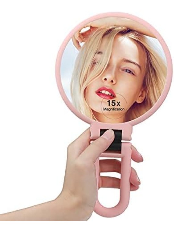 15X Magnifying Mirror, Hand Held Mirror, Double Sided Small Makeup Mirror with 1X 15X Magnification, Adjustable Handle/Stand Travel Mirror, Compact Magnified Mirror for Girl Woman Face Eyes Makeup