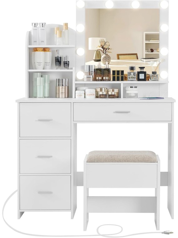 Makeup Vanity with 10 Light Bulbs and Charging Station, Vanity Desk with Lighted Mirror & 4 Drawers Chest, Vanity Set, Vanity Table Set with Cushioned Stool, for Bedroom,White