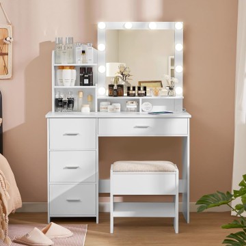 Makeup Vanity with 10 Light Bulbs and Charging Station, Vanity Desk with Lighted Mirror & 4 Drawers Chest, Vanity Set, Vanity Table Set with Cushioned Stool, for Bedroom,White