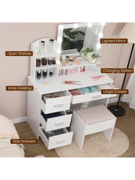 Makeup Vanity with 10 Light Bulbs and Charging Station, Vanity Desk with Lighted Mirror & 4 Drawers Chest, Vanity Set, Vanity Table Set with Cushioned Stool, for Bedroom,White