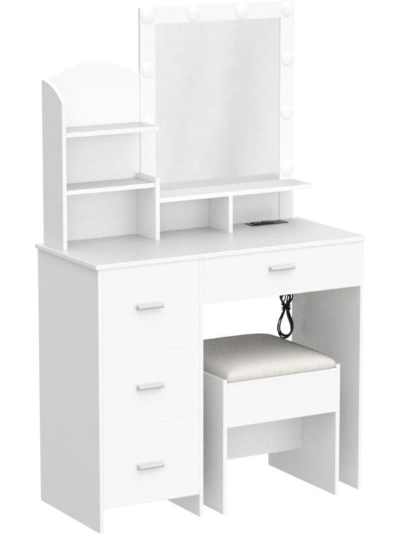 Makeup Vanity with 10 Light Bulbs and Charging Station, Vanity Desk with Lighted Mirror & 4 Drawers Chest, Vanity Set, Vanity Table Set with Cushioned Stool, for Bedroom,White