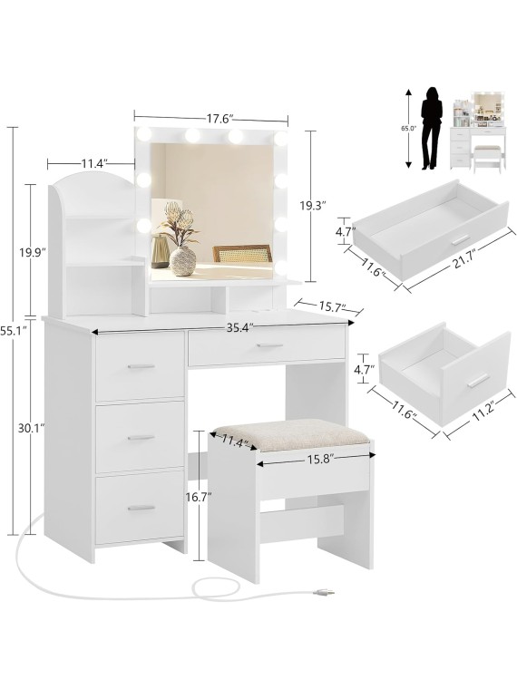 Makeup Vanity with 10 Light Bulbs and Charging Station, Vanity Desk with Lighted Mirror & 4 Drawers Chest, Vanity Set, Vanity Table Set with Cushioned Stool, for Bedroom,White