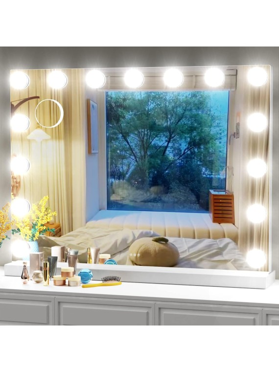 18 Extra Bulbs Vanity Mirror with Lights with USB & Type-C Charing, 32WX24L Tabletop Hollyhood Makeup Mirror, Lighted Vanity Mirror,3 Colors Modes,Touch Control,Metal Frame,White