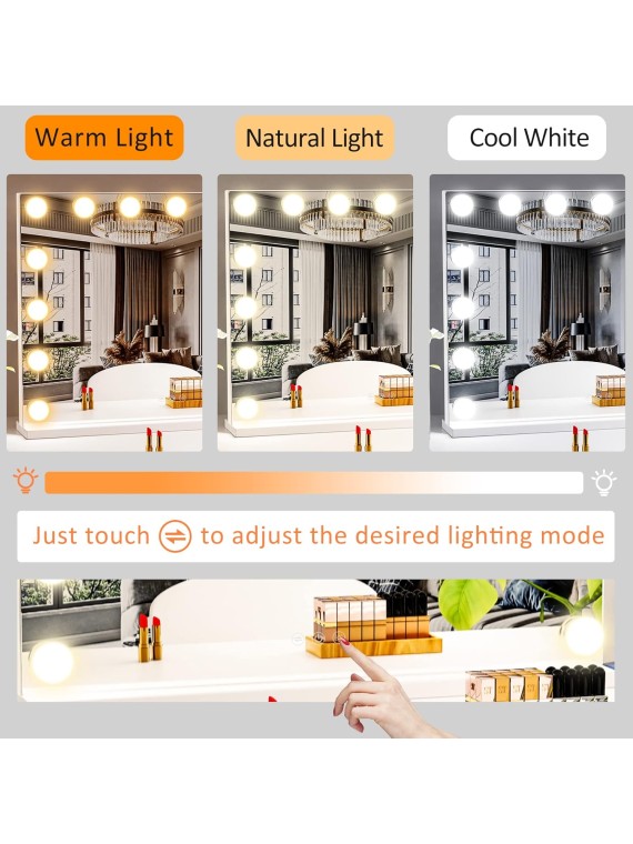 18 Extra Bulbs Vanity Mirror with Lights with USB & Type-C Charing, 32WX24L Tabletop Hollyhood Makeup Mirror, Lighted Vanity Mirror,3 Colors Modes,Touch Control,Metal Frame,White