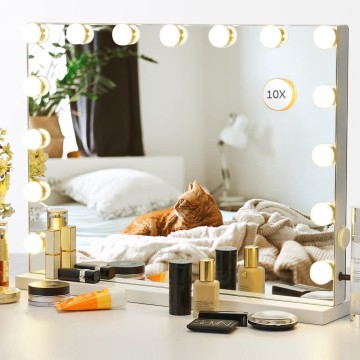 22.8"x 18.1" Vanity Makeup Mirror with Lights,10X Large Hollywood Lighted Vanity Mirror with 15 Dimmable LED Bulbs,3 Color Modes,Touch Control,Tabletop or Wall-Mounted, White, 1 Count