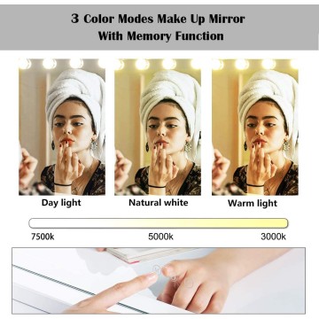 22.8"x 18.1" Vanity Makeup Mirror with Lights,10X Large Hollywood Lighted Vanity Mirror with 15 Dimmable LED Bulbs,3 Color Modes,Touch Control,Tabletop or Wall-Mounted, White, 1 Count