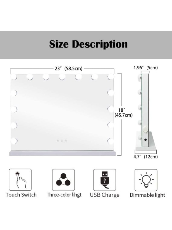 22.8"x 18.1" Vanity Makeup Mirror with Lights,10X Large Hollywood Lighted Vanity Mirror with 15 Dimmable LED Bulbs,3 Color Modes,Touch Control,Tabletop or Wall-Mounted, White, 1 Count