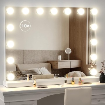 22.8 x 18.2 Vanity Makeup Mirror with Lights, 10X Magnification,Large Hollywood Lighted Vanity Mirror with 15 Dimmable LED Bulbs, USB Charger Port, Tabletop or Wall-Mounted White