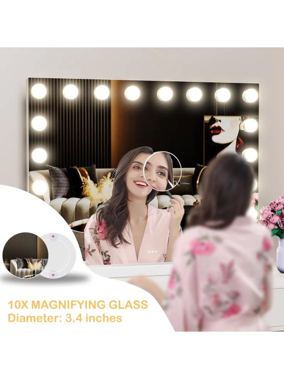 22.8 x 18.2 Vanity Makeup Mirror with Lights, 10X Magnification,Large Hollywood Lighted Vanity Mirror with 15 Dimmable LED Bulbs, USB Charger Port, Tabletop or Wall-Mounted White