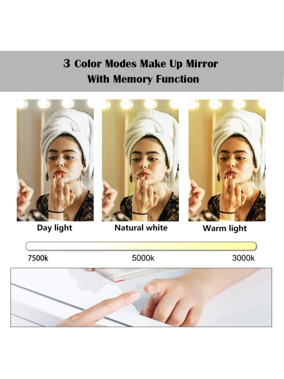 22.8"x 18.1" Vanity Mirror with Lights,Large Hollywood Lighted Makeup Mirror with 15 Dimmable LED Bulbs,3 Color Modes,Touch Control,10X Magnification for Bedroom,Tabletop or Wall-Mounted