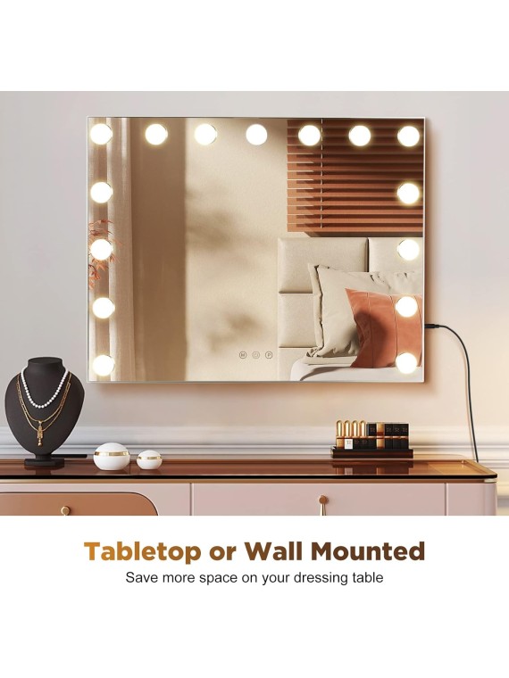 Hollywood Vanity Mirror with Lights, 15 Bulbs 23 x18 Inch Makeup Mirror with Lights with USB Charging and 10x Magnification, Touchscreen 3 Lighting Modes Lighted Vanity Mirror