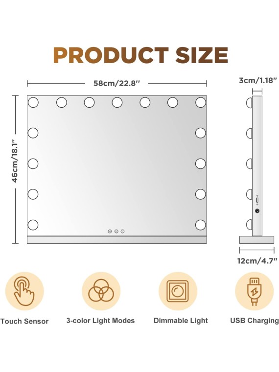 Hollywood Vanity Mirror with Lights, 15 Bulbs 23 x18 Inch Makeup Mirror with Lights with USB Charging and 10x Magnification, Touchscreen 3 Lighting Modes Lighted Vanity Mirror