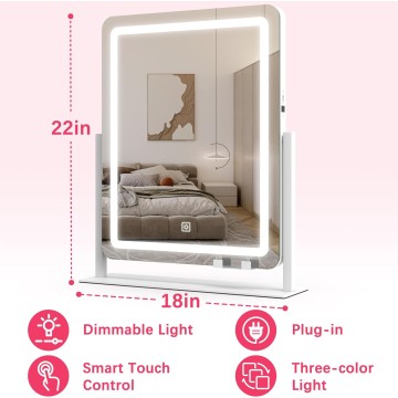 Vanity Mirror with Lights, 22"x18" LED Makeup Mirror, Large Lighted Mirror with Smart Touch 3 Colors Dimmable, Light Up Mirror for Makeup Desk, Bedroom, Dressing Room Tabletop, White