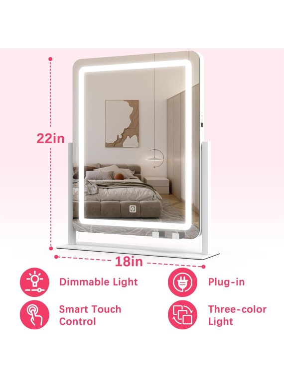 Vanity Mirror with Lights, 22"x18" LED Makeup Mirror, Large Lighted Mirror with Smart Touch 3 Colors Dimmable, Light Up Mirror for Makeup Desk, Bedroom, Dressing Room Tabletop, White