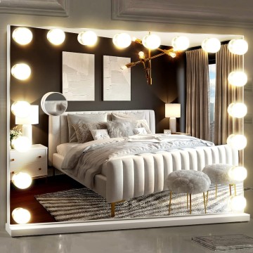 Hollywood Vanity Mirror with 18 Bulbs Lights, Large Lighted Makeup Mirror for Desk and Wall, Dimmable 3 Lighting Modes, Plug-in & USB Charger Port, White