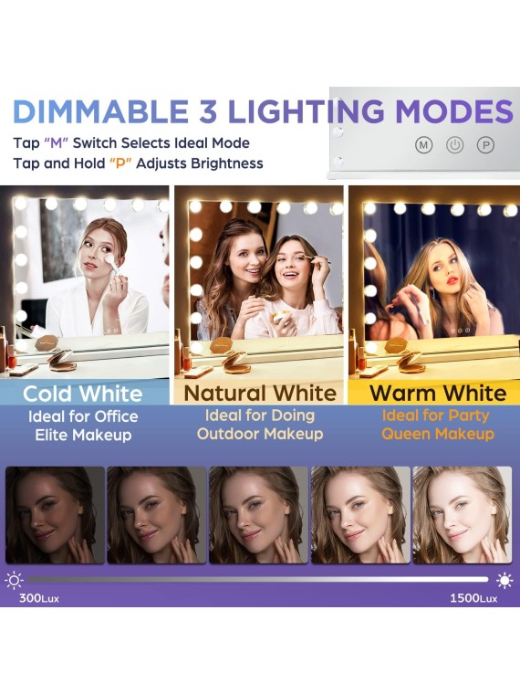 Hollywood Vanity Mirror with 18 Bulbs Lights, Large Lighted Makeup Mirror for Desk and Wall, Dimmable 3 Lighting Modes, Plug-in & USB Charger Port, White