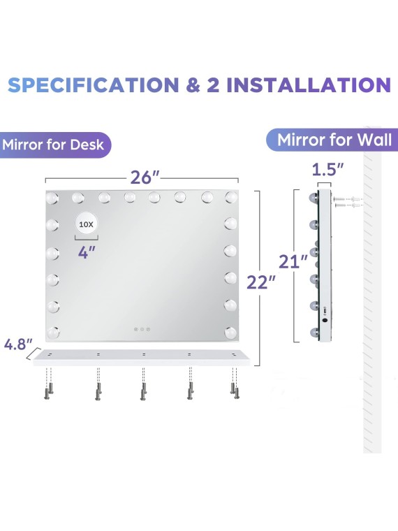 Hollywood Vanity Mirror with 18 Bulbs Lights, Large Lighted Makeup Mirror for Desk and Wall, Dimmable 3 Lighting Modes, Plug-in & USB Charger Port, White