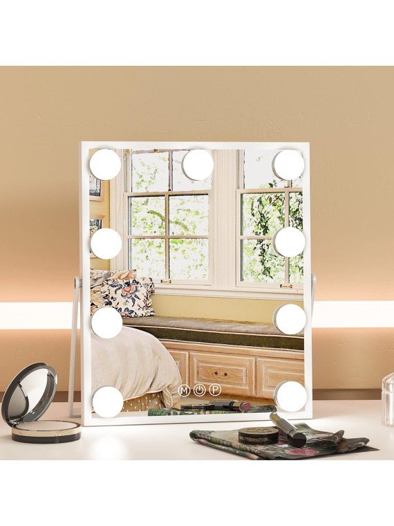 Hollywood Vanity Mirror with Lights, Vanity Makeup Mirror with 9 LED Bulbs, 3 Color Lighting Modes, U-Shaped Bracket, Smart Touch Control