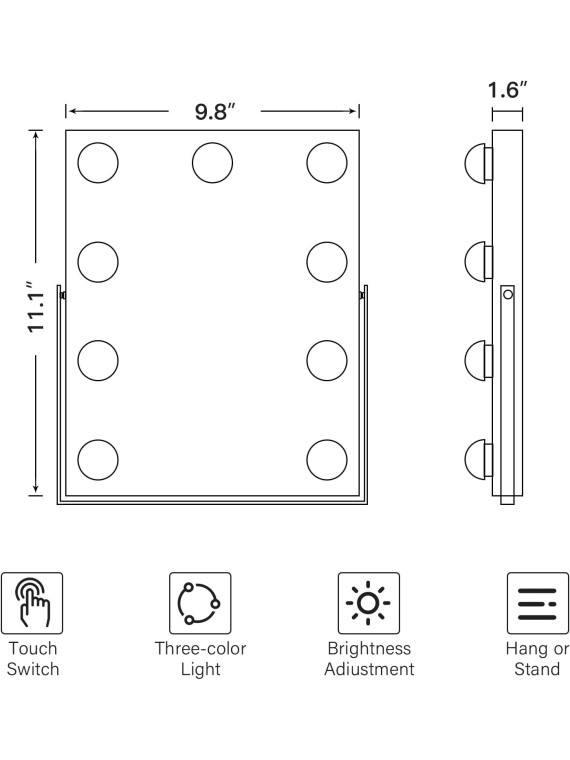 Hollywood Vanity Mirror with Lights, Vanity Makeup Mirror with 9 LED Bulbs, 3 Color Lighting Modes, U-Shaped Bracket, Smart Touch Control