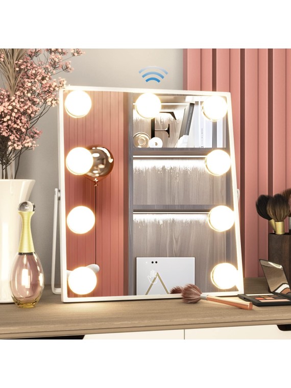 Vanity Mirror with Lights, Hollywood Makeup Mirror with Light, Tabletop Makeup Lighted Mirror with 9 LED Lights Sensor Control 3 Color Modes