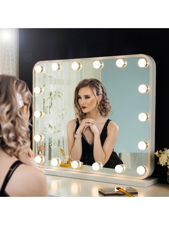 Large Hollywood Vanity Mirror with Lights, 25" Lx21 W Lighted Makeup Mirror with 18 Dimmable Bulbs, Smart Touch Control 3 Color Lighting Modes, White