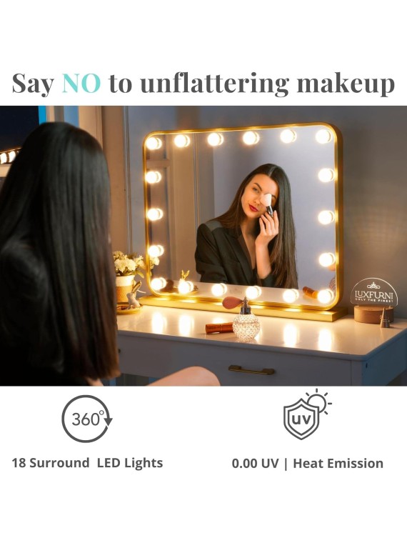 Large Hollywood Vanity Mirror with Lights, 25" Lx21 W Lighted Makeup Mirror with 18 Dimmable Bulbs, Smart Touch Control 3 Color Lighting Modes, White