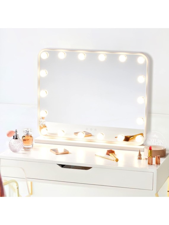 Large Hollywood Vanity Mirror with Lights, 25" Lx21 W Lighted Makeup Mirror with 18 Dimmable Bulbs, Smart Touch Control 3 Color Lighting Modes, White