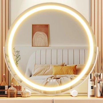 18" Vanity Mirror with Lights, LED Makeup Mirror, Large Round Mirror Lighted Makeup Mirror with Lights, Smart Touch Control 3 Colors Dimmable Mirror 360°Rotation White