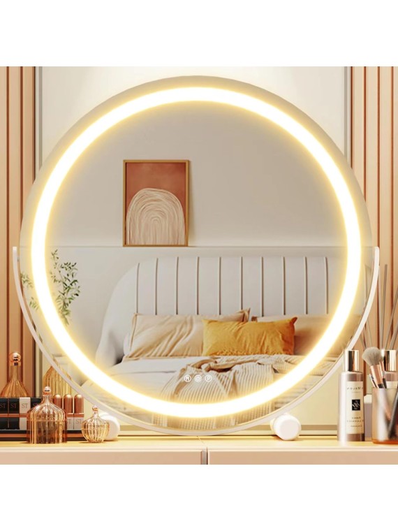 18" Vanity Mirror with Lights, LED Makeup Mirror, Large Round Mirror Lighted Makeup Mirror with Lights, Smart Touch Control 3 Colors Dimmable Mirror 360°Rotation White